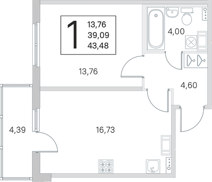 1-комнатная квартира 39.09 м², 2/4 эт., ЖК «Любоград в Стрельне»